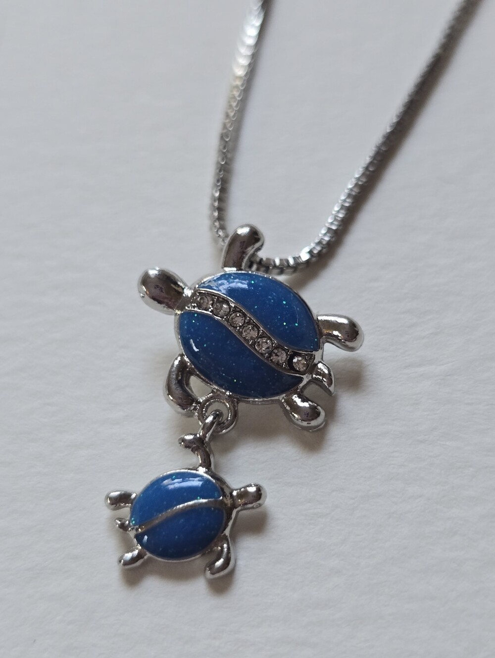 Blue Sea Turtle Mom & Baby Necklace Silver Tone Ocean Jewelry